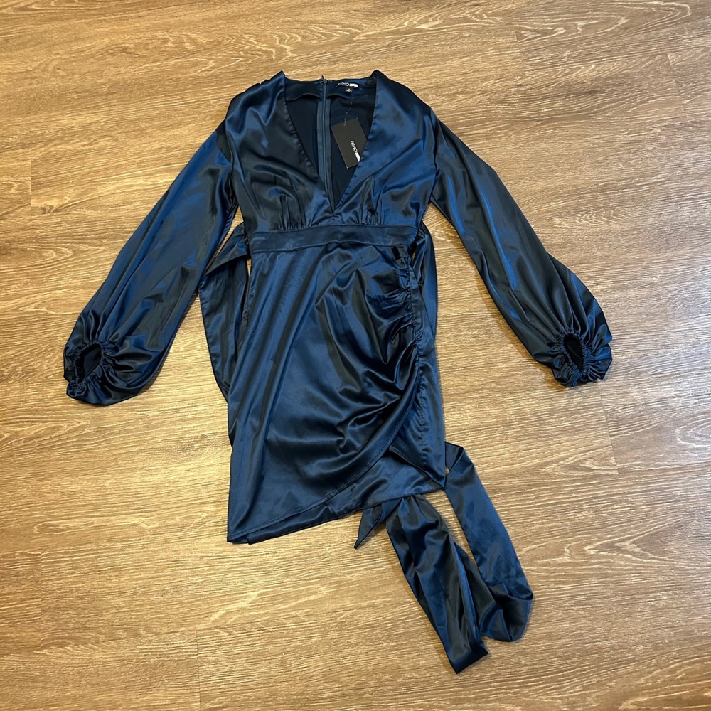 Fashion Nova Milan Satin Mini Dress Ruched Tie Waist Long Sleeve Blue Womens XS